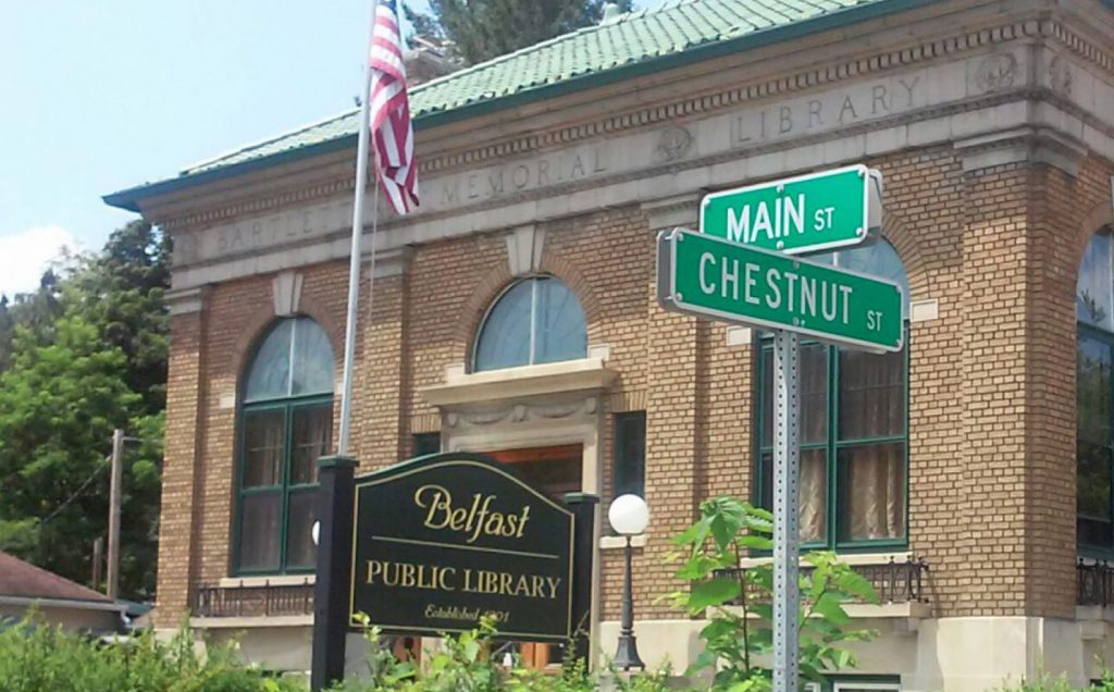 The Belfast Public Library on the corner of Main Street and Chestnut Street