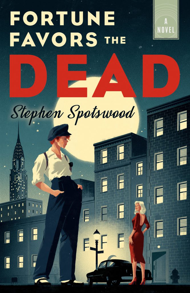 The cover of Fortune Favors the Dead featuring an illustration of two women against a moonlit New York skyline