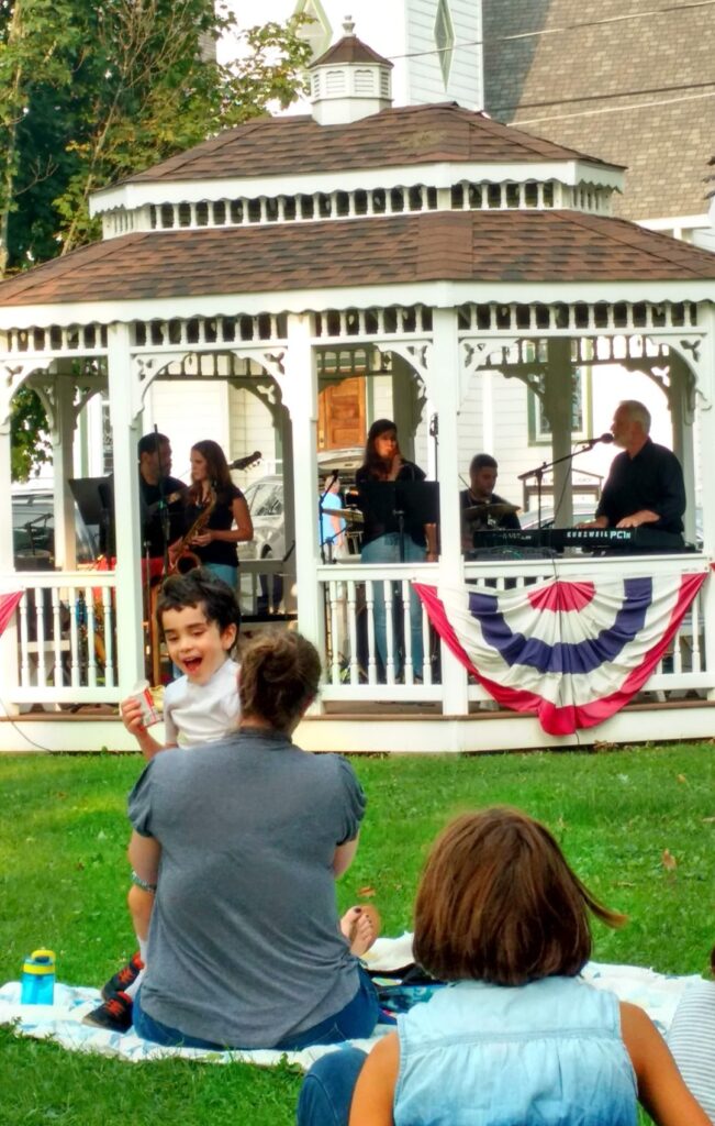people sitting in the park listening to a concert
